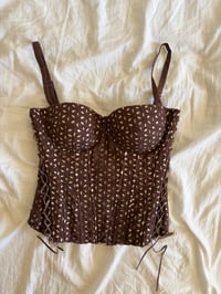Image 1 of Vintage Y2K brown floral broderie anglaise corset style cami with lace up side detailing 
