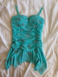 Image 1 of Vintage Y2K deadstock turquoise ruched handkerchief hem cami with silver butterflies 