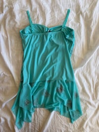 Image 2 of Vintage Y2K deadstock turquoise ruched handkerchief hem cami with silver butterflies 