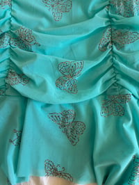 Image 4 of Vintage Y2K deadstock turquoise ruched handkerchief hem cami with silver butterflies 
