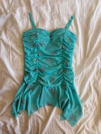 Image 6 of Vintage Y2K deadstock turquoise ruched handkerchief hem cami with silver butterflies 