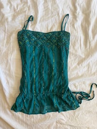 Image 1 of Vintage Y2K teal sequin and sequin silk cami with ruching ties at the bottom 