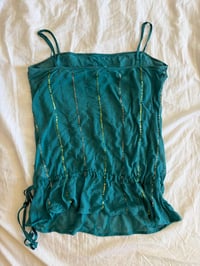 Image 2 of Vintage Y2K teal sequin and sequin silk cami with ruching ties at the bottom 