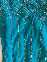 Image 4 of Vintage Y2K teal sequin and sequin silk cami with ruching ties at the bottom 