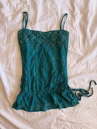 Image 7 of Vintage Y2K teal sequin and sequin silk cami with ruching ties at the bottom 
