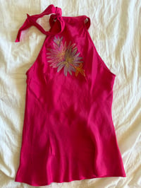 Image 2 of Vintage Y2K pink silk halter neck with floral embroidery 