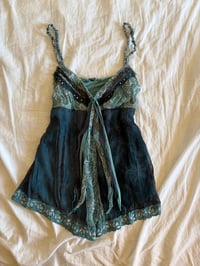 Image 1 of Vintage Y2K asymmetrical hem blue forest fairy cami with sequins and sparkly detail 