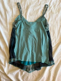 Image 2 of Vintage Y2K asymmetrical hem blue forest fairy cami with sequins and sparkly detail 