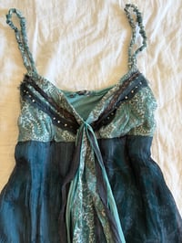 Image 3 of Vintage Y2K asymmetrical hem blue forest fairy cami with sequins and sparkly detail 