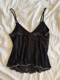 Image 2 of Vintage Y2K black sequin and beaded cami with scallop hem 