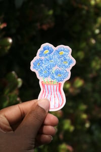 blue flowers, purple vase vinyl sticker