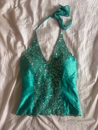 Image 1 of Vintage Y2K Aftershock turquoise beaded and iridescent sequin silk corset style halterneck 