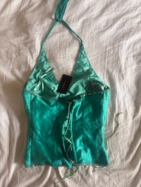 Image 2 of Vintage Y2K Aftershock turquoise beaded and iridescent sequin silk corset style halterneck 
