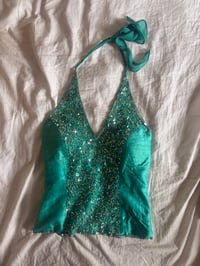 Image 10 of Vintage Y2K Aftershock turquoise beaded and iridescent sequin silk corset style halterneck 