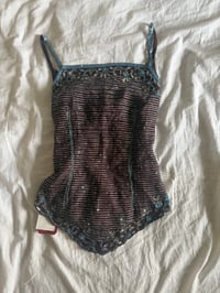 Image 1 of Vintage Y2K Aftershock purple asymmetrical hem beaded and iridescent sequin silk fairy cami 