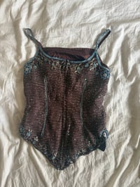Image 2 of Vintage Y2K Aftershock purple asymmetrical hem beaded and iridescent sequin silk fairy cami 