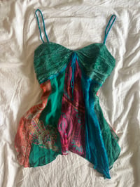 Image 7 of Vintage Y2K silk asymmetrical hem patchwork fairy cami with beaded straps 
