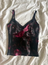 Image 1 of Vintage 90s gothic whimsy black floral cami with mesh on bust 