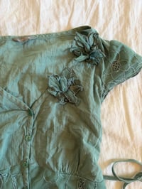 Image 3 of Vintage Y2K floral lace and embroidered tie ruffle hem back top with floral applique 