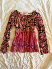 Image 1 of Vintage Y2K pink sequin lace embellished long sleeve top with ribbon tie detail 