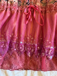 Image 5 of Vintage Y2K pink sequin lace embellished long sleeve top with ribbon tie detail 