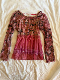 Image 6 of Vintage Y2K pink sequin lace embellished long sleeve top with ribbon tie detail 