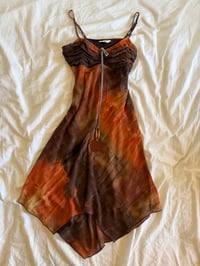 Image 1 of Vintage Y2K asymmetrical hem brown and orange tie dye ruched bust dress 