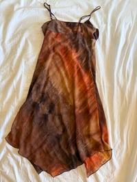 Image 2 of Vintage Y2K asymmetrical hem brown and orange tie dye ruched bust dress 