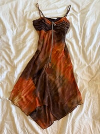 Image 6 of Vintage Y2K asymmetrical hem brown and orange tie dye ruched bust dress 