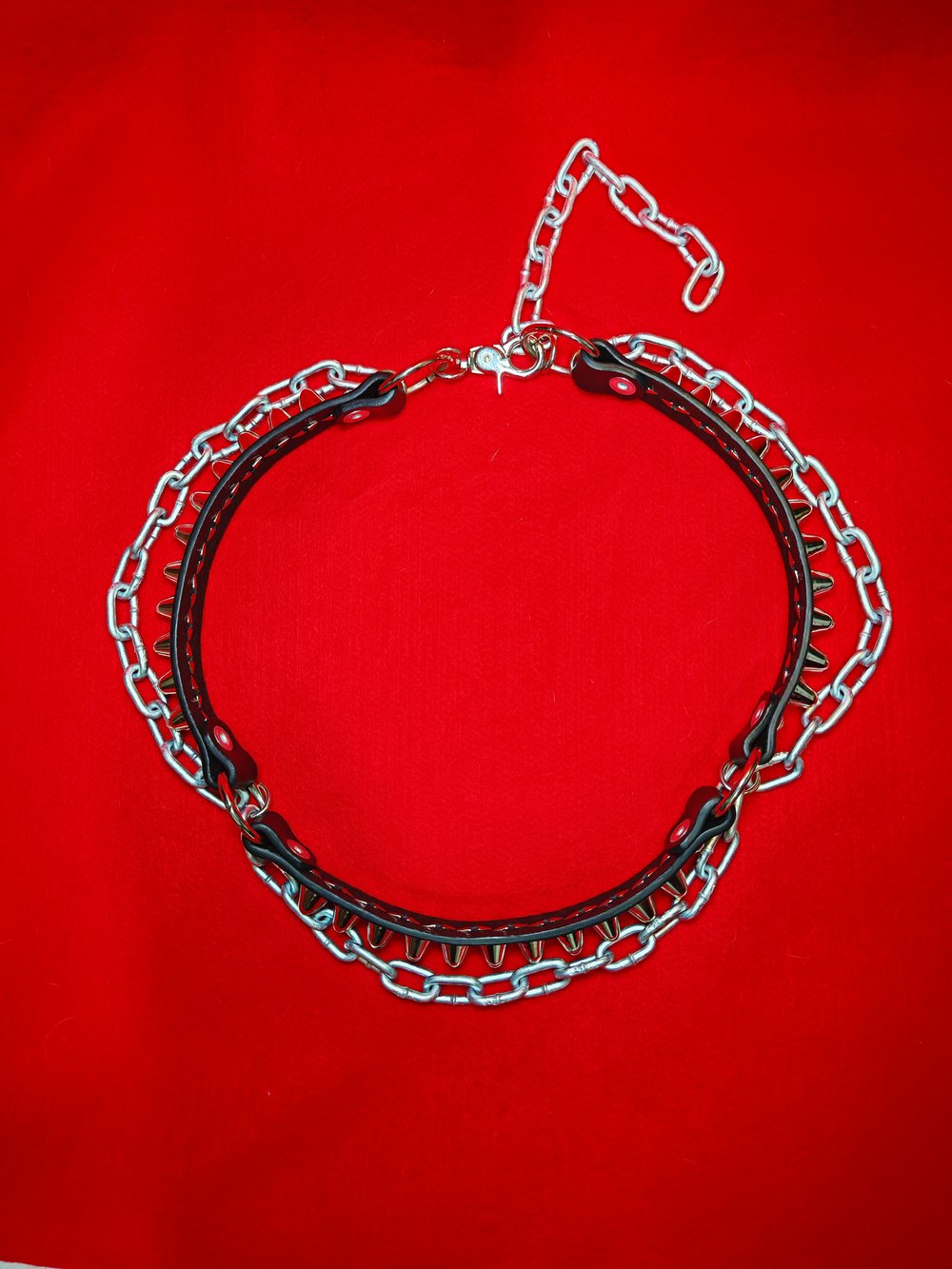 Leather Belt with Chains and Silver Cones Studs 
