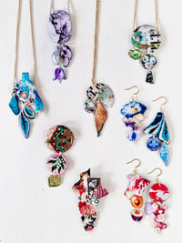 Image 2 of ‘floating peonies, summer fruits’ – gold abstract earring dangles