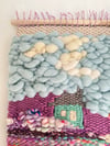 Little blue house in the Candy Mountains. Woven wall hanging.