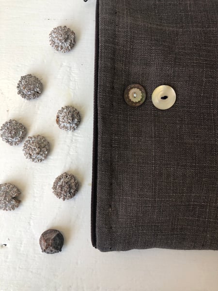 Image of emeline eggplant linen bag with vintage buttons
