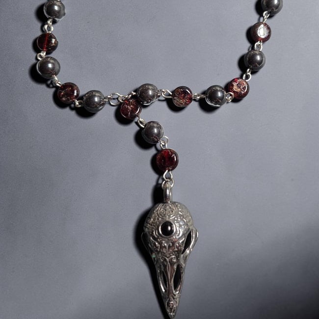 Silver Raven skull pendant on a rosary chain necklace 
