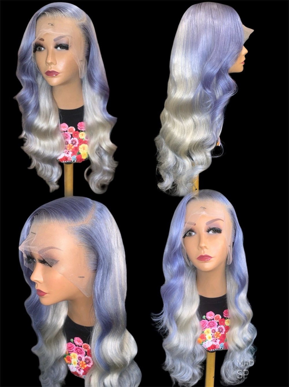 Image of “Stormy” 26 Inch Custom Colored Periwinkle & Platinum Body Wave Lace Frontal Wig 