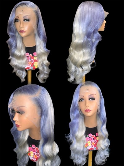 Image of “Stormy” 26 Inch Custom Colored Periwinkle & Platinum Body Wave Lace Frontal Wig 