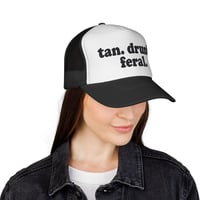 Image 4 of tan. drunk. feral. Trucker Cap | Funny Text Mesh Hat