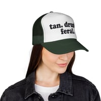 Image 7 of tan. drunk. feral. Trucker Cap | Funny Text Mesh Hat