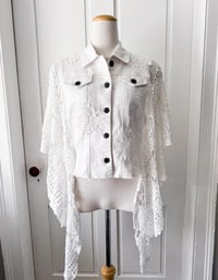 Image 1 of Reworked White Denim Jacket with Vintage Lace 