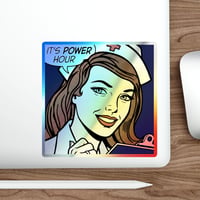 Image 12 of Holographic Die-Cut Sticker — Retro Nurse "It's Power Hour" Pop Art