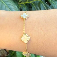 Image 2 of Mother of Pearl Clover Bracelet | 14k Gold Plated Sterling Silver | Adjustable 6.5–7.5"