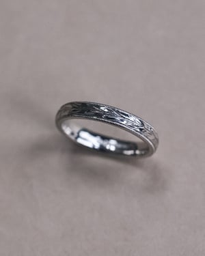 Image of Platinum 3mm ‘Olive leaf’ and milled edge engraved ring
