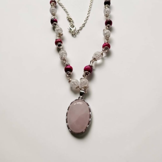 Rose Quartz Pendant on a beaded wrapped necklace
