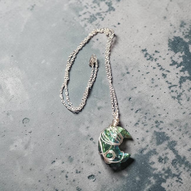 Green/purple Electric plated Quartz crescent wire wrapped necklace