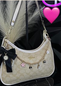 Light brown and white coach with charm