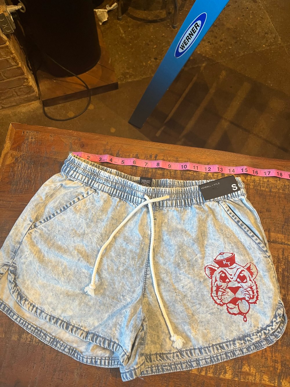 S KITTY THUMPERS BLUE TINSEL SHORTS BACK POCKET W/ LOGO TAG