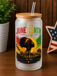 Image 1 of Juneteenth 16oz Glass Tumblers with Bamboo Lid & Glass Straw