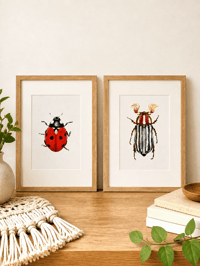 Image 1 of Set of 2 Entomology Prints, Red Ladybug and June Beetle Digital Download, Botanical Wall Art