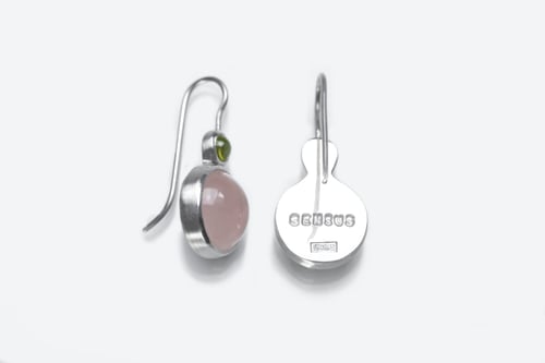 Image of "Sense of spring" silver earrings with rose quartz and chrysolite · SENSUS VERIS ·