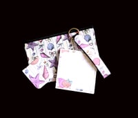 Image 1 of Handmade Matching Set, seashells, bows, pink, purple, gift, bookmark, zipper, key, lanyard, notepad